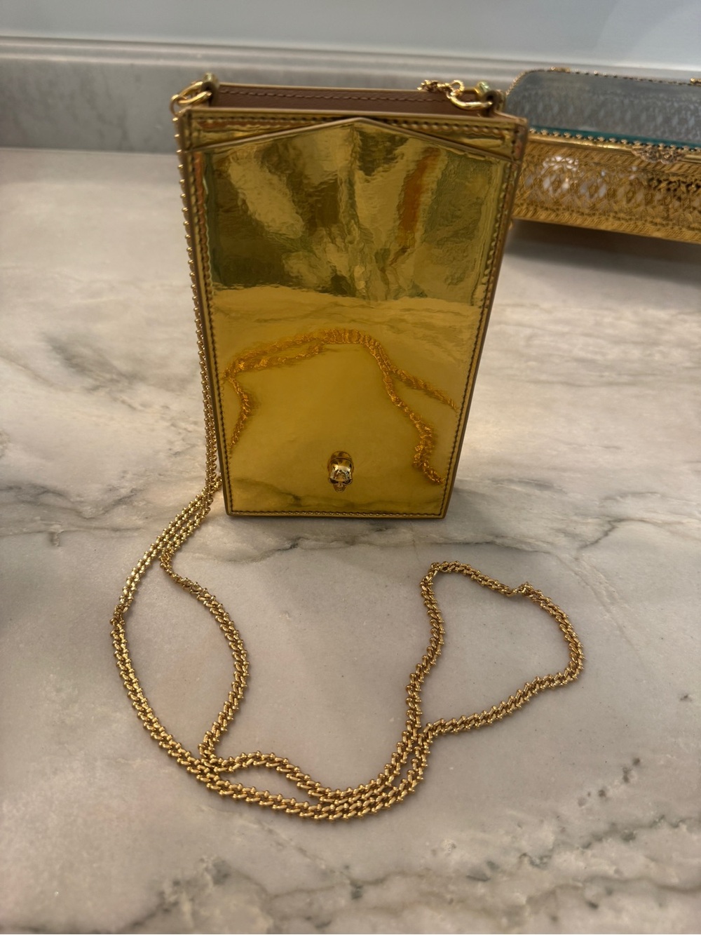 Alexander McQueen Gold Metallic Mini Crossbody Phone Bag